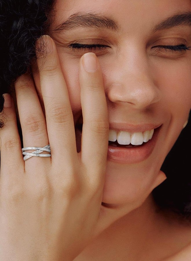 Bestyle 925 Sterling Silver Criss Cross Ring Casual Finger Diamond Ring for Women | Thin Band for Stacking | Simulated Diamond Eternity Wedding Band | Size 8 - Image 2